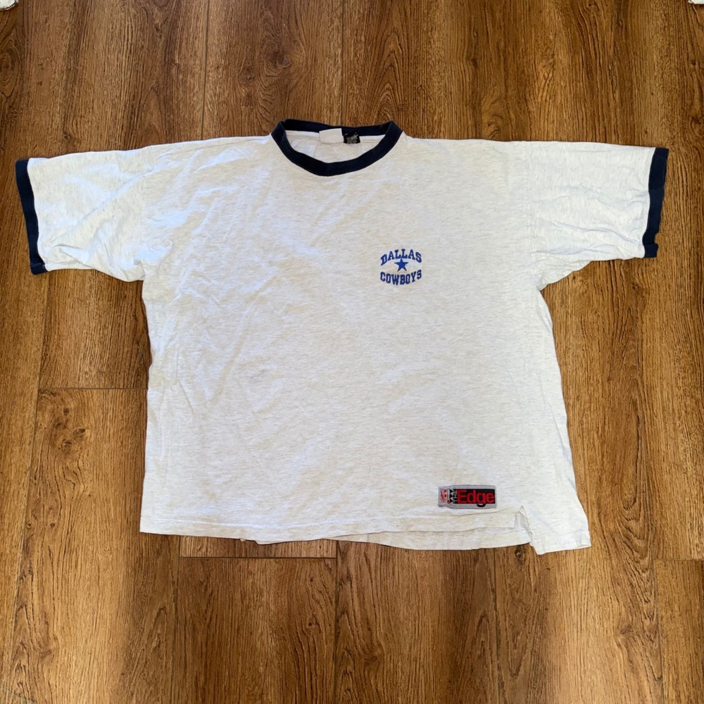 Vintage Dallas Cowboys NFL The Edge Ringer T-Shirt Gray Navy Blue Mens XL 1996